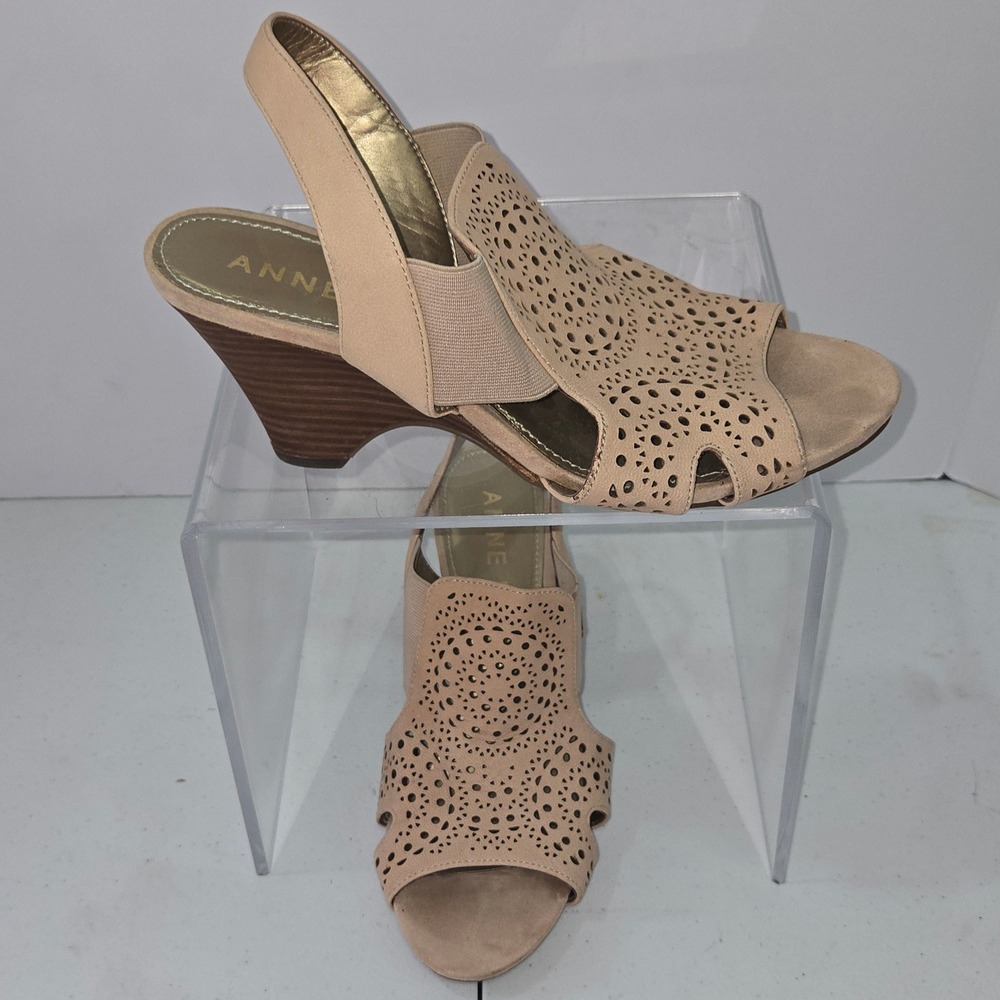 Anne Klein iFlex AKGRANDP Tan Leather Laser Cut Wedge Sandal 8.5M Nude Slingback
